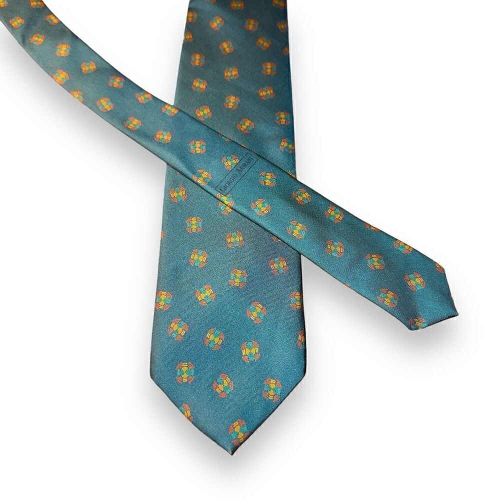 80s Giorgio Armani Teal Medallion Handmade in Italy 100% Silk Neck Tie